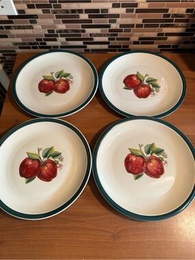 Green Rim Apple Ceramic Dinner Plates - Set of 4